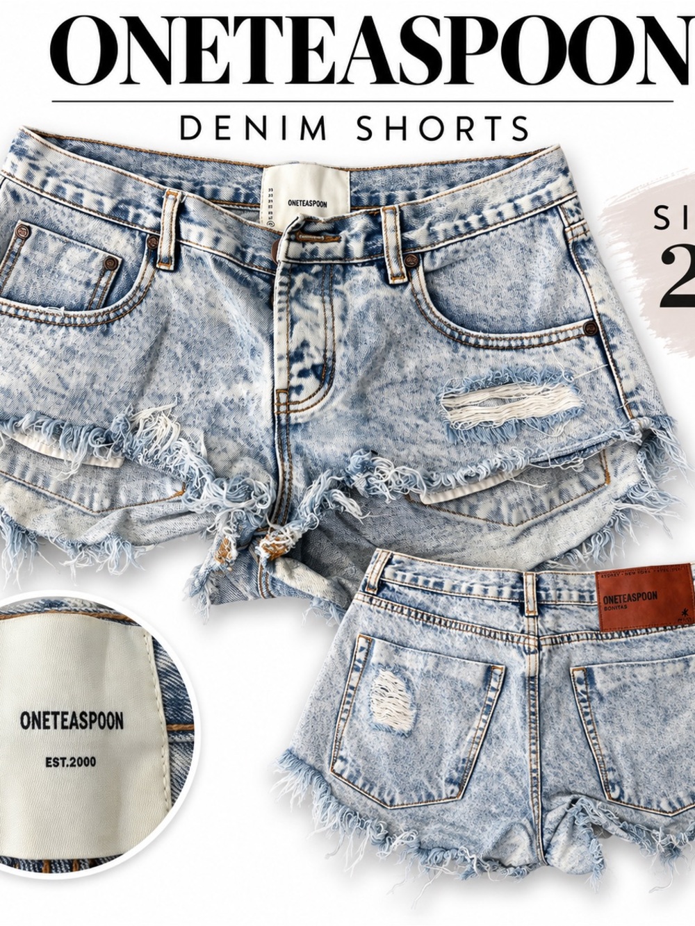 One Teaspoon Acid Wash Blue Distressed Denim Shorts